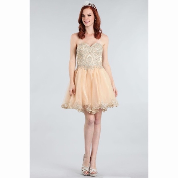 SWEETHEART Champagne with Gold Lace Dress - Picture 1 of 6
